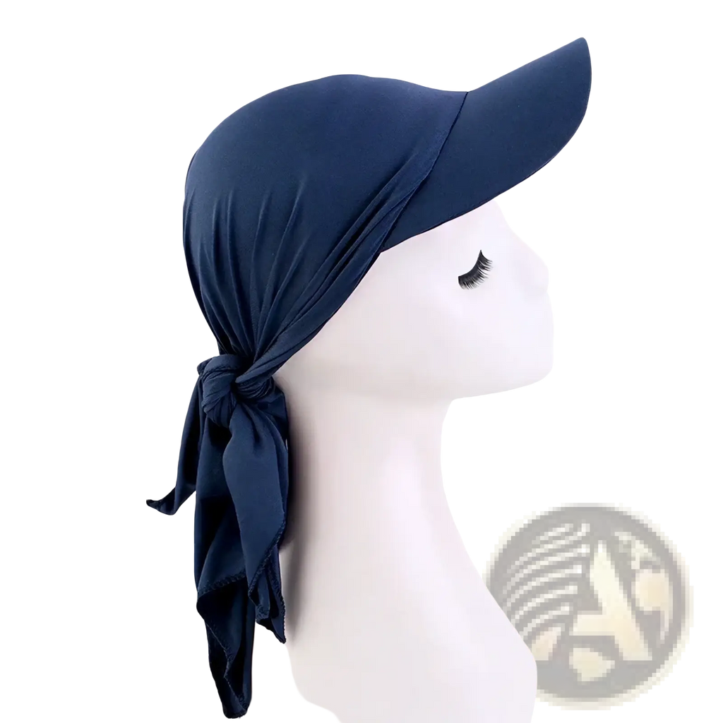 Navy blue fabric sun visor turban hijab with a tied-back ribbon detail shown from the back side