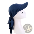 Navy blue fabric sun visor turban hijab with a tied-back ribbon detail shown from the back side