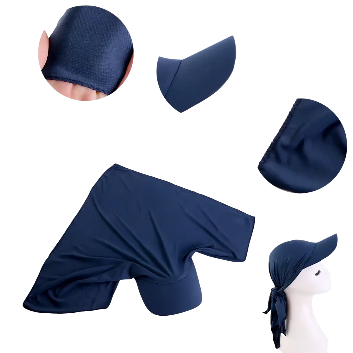 Navy blue elastic fabric sun visor turban hijab with adjustable hat brim and tied back ties shown from the back side