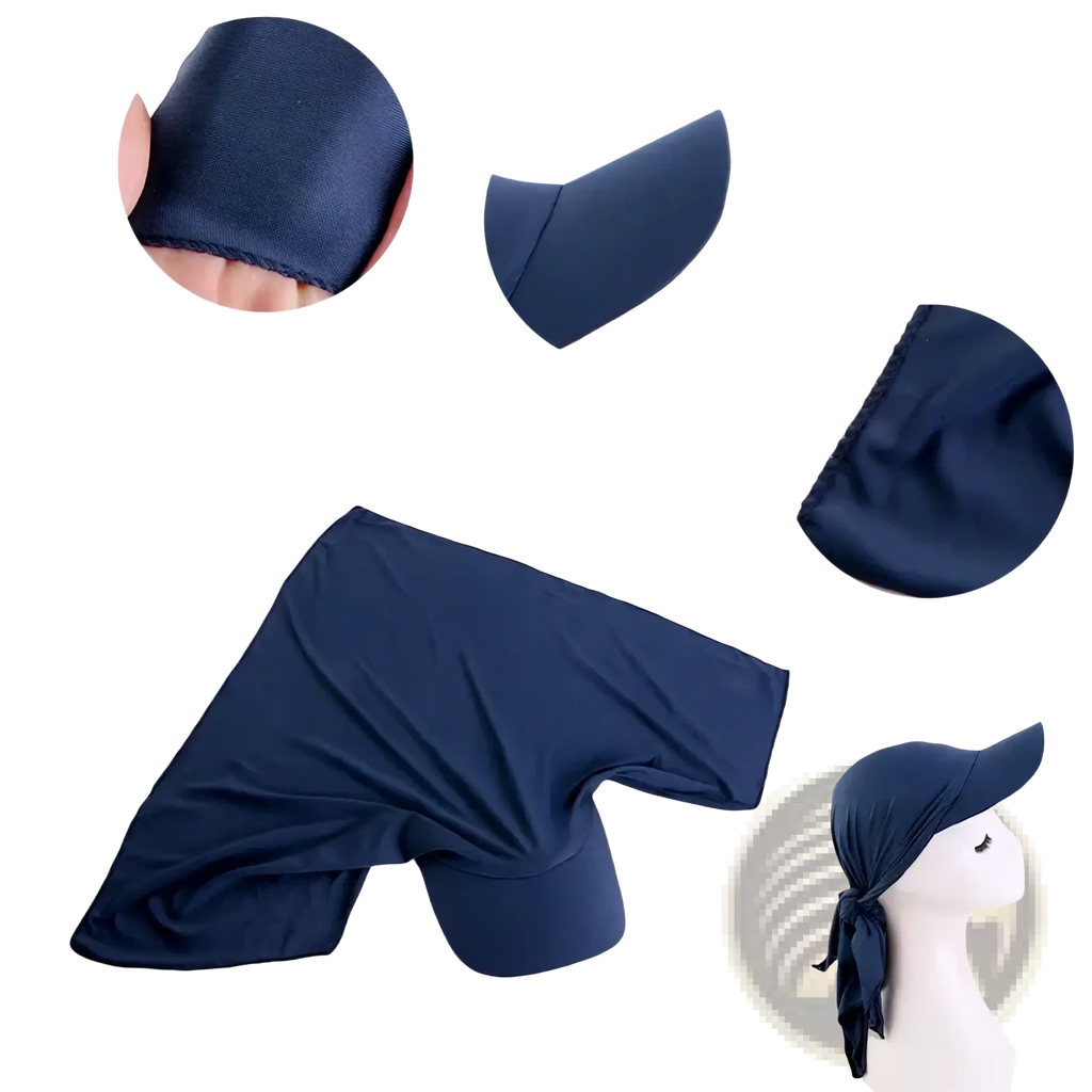 Navy blue elastic fabric sun visor turban hijab with adjustable hat brim and tied back ties shown from the back side
