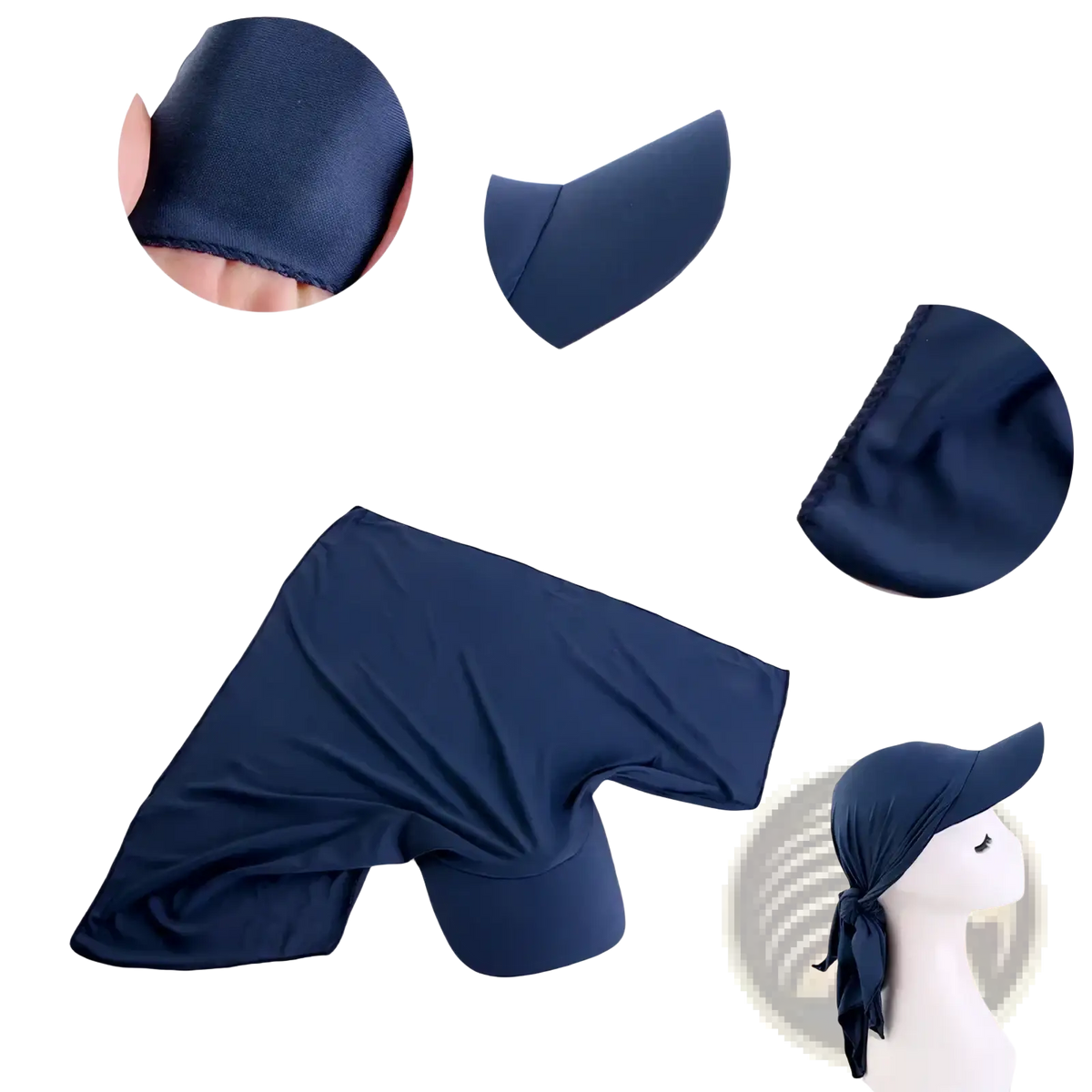 Navy blue elastic fabric sun visor turban hijab with adjustable hat brim and tied back ties shown from the back side