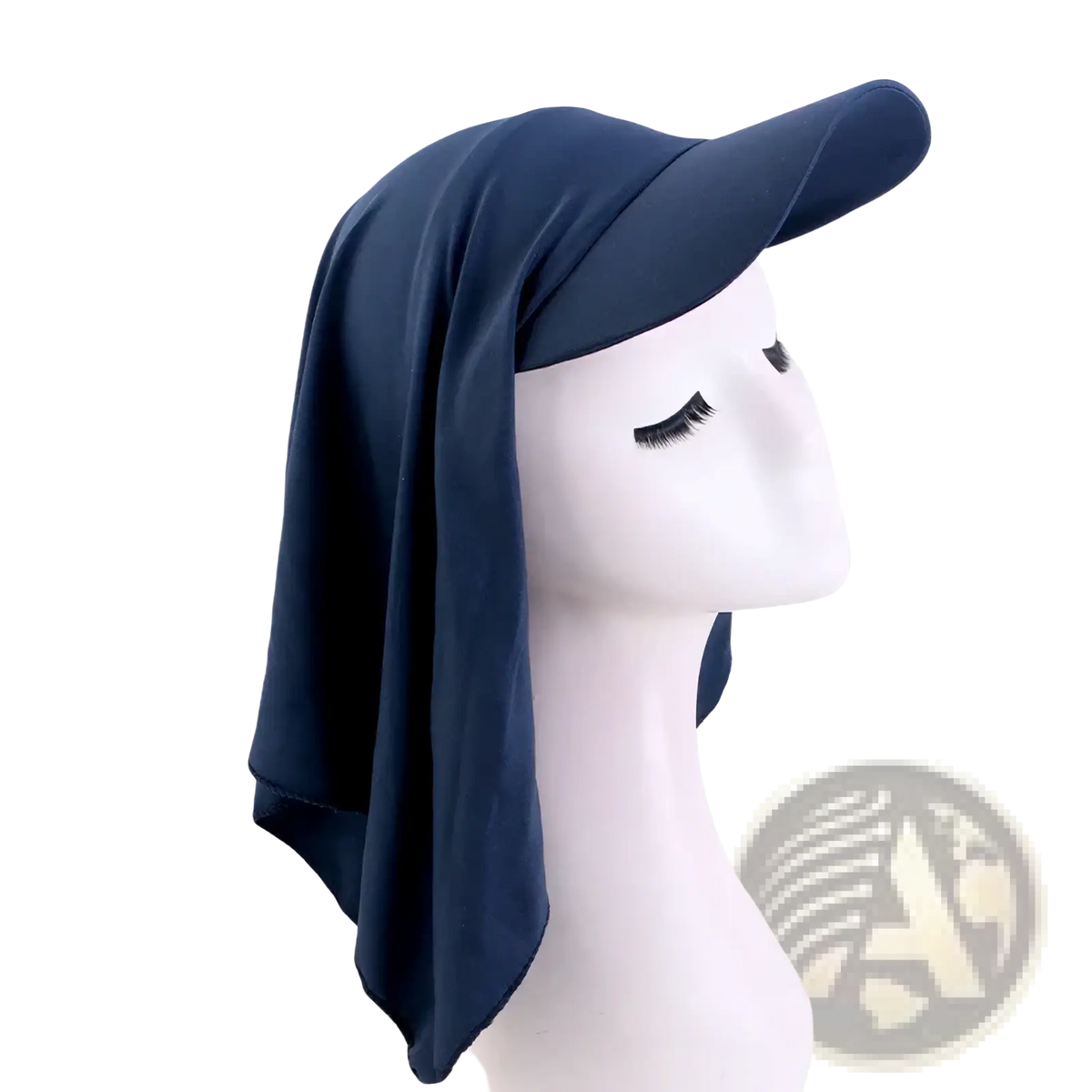 Navy blue fabric sun visor turban hijab with a flowing draped design suitable for sun protection