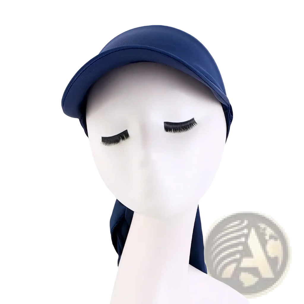 Navy blue sun visor turban hijab with a curved brim and adjustable strap showing the back side of the hat