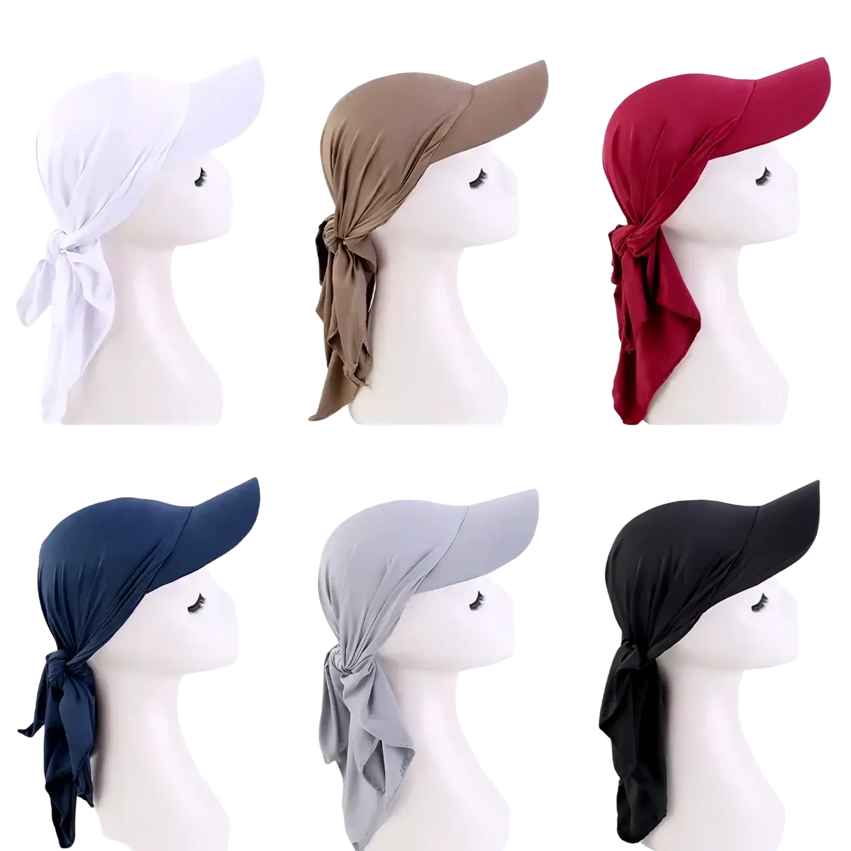 Navy blue sun visor turban hijab and five additional solid-colored lightweight fabric sun hats on mannequins