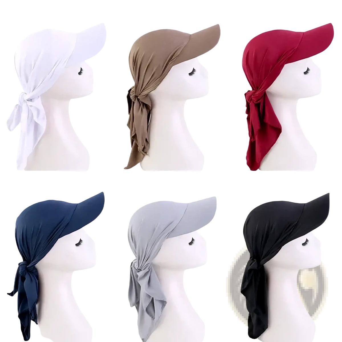 Navy blue sun visor turban hijab and five additional solid-colored lightweight fabric sun hats on mannequins