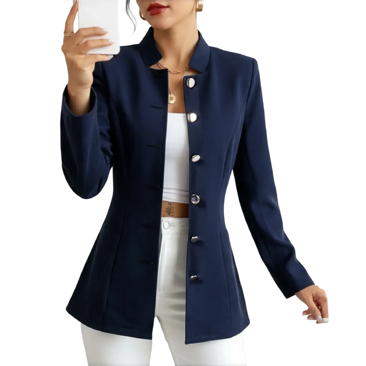 Navy blue tailored blazer with silver buttons and a notched collar made from premium fabric for formal wear