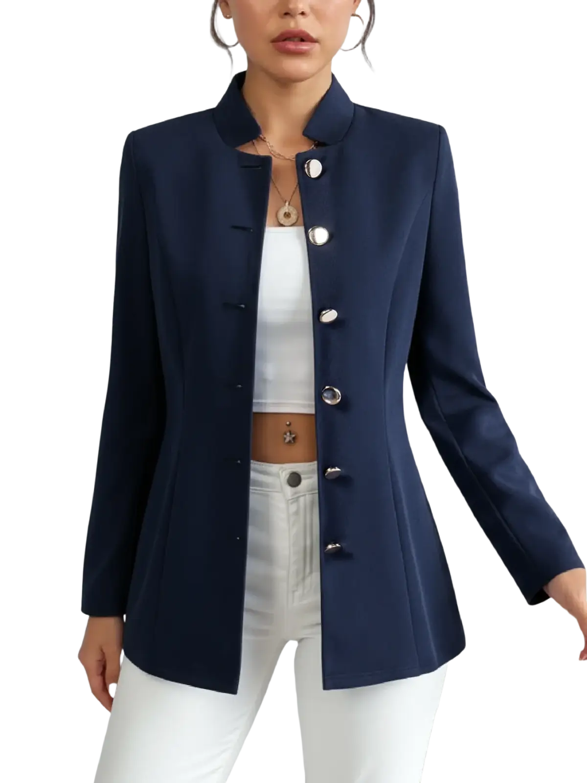 Navy blue tailored blazer featuring a mandarin collar and silver-toned buttons for a polished look