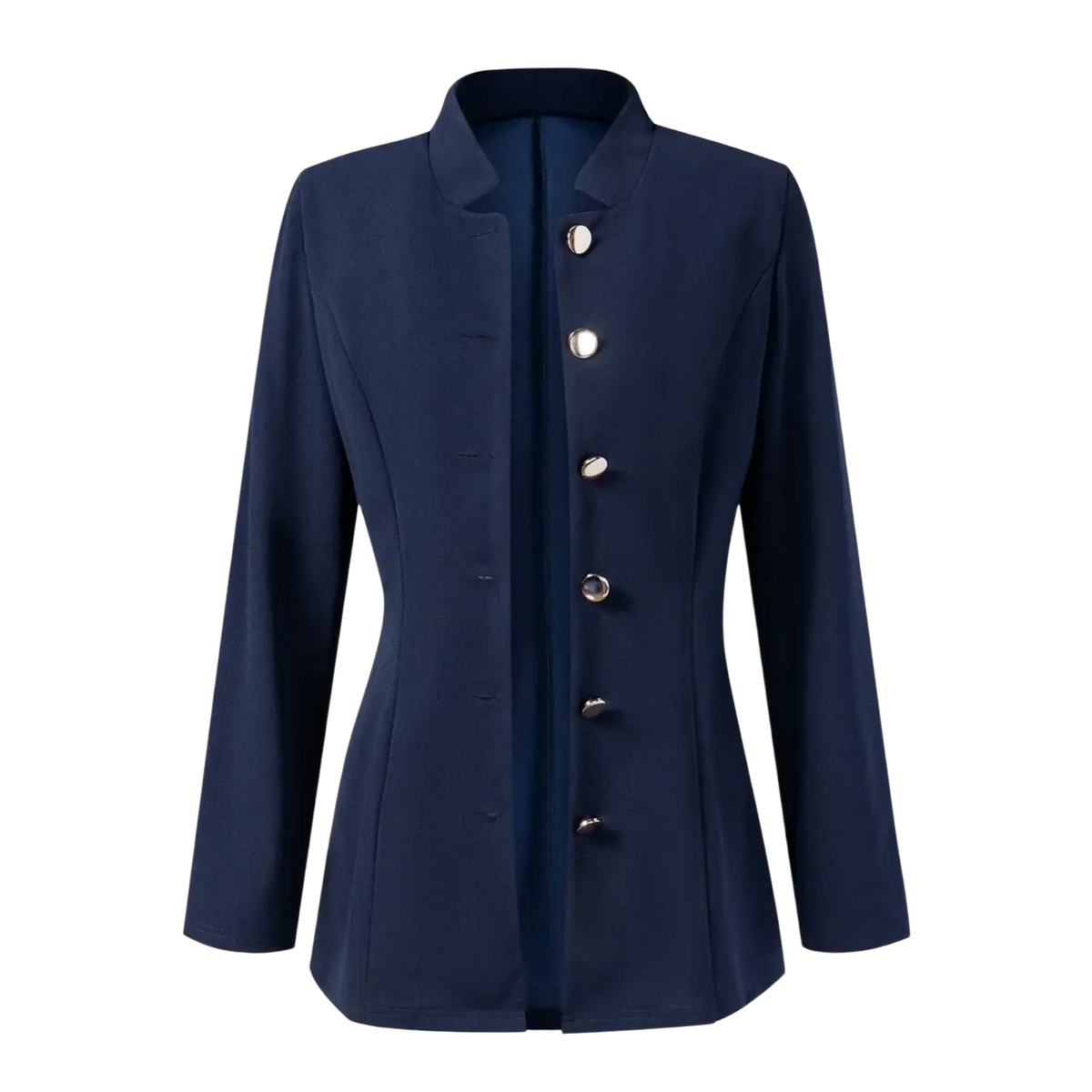 Navy blue tailored blazer with stand-up collar and five metallic buttons down the front