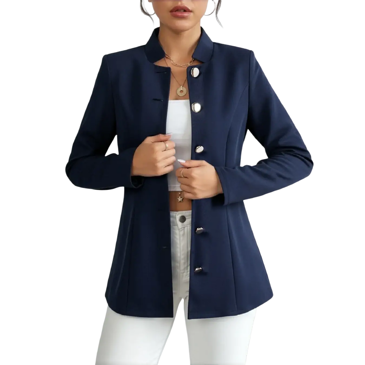 Navy blue tailored blazer with stand-up collar and silver-toned buttons for a sharp formal look