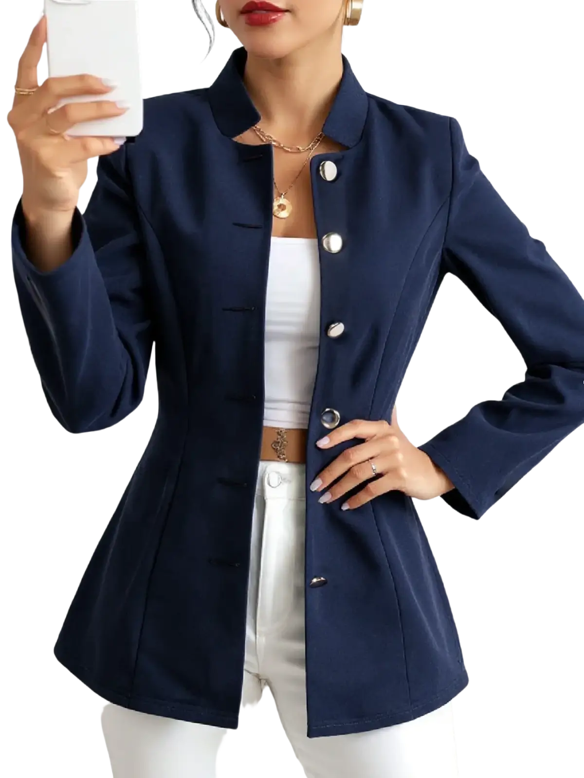 Navy blue tailored blazer with silver buttons and structured fit suitable for formal and professional occasions