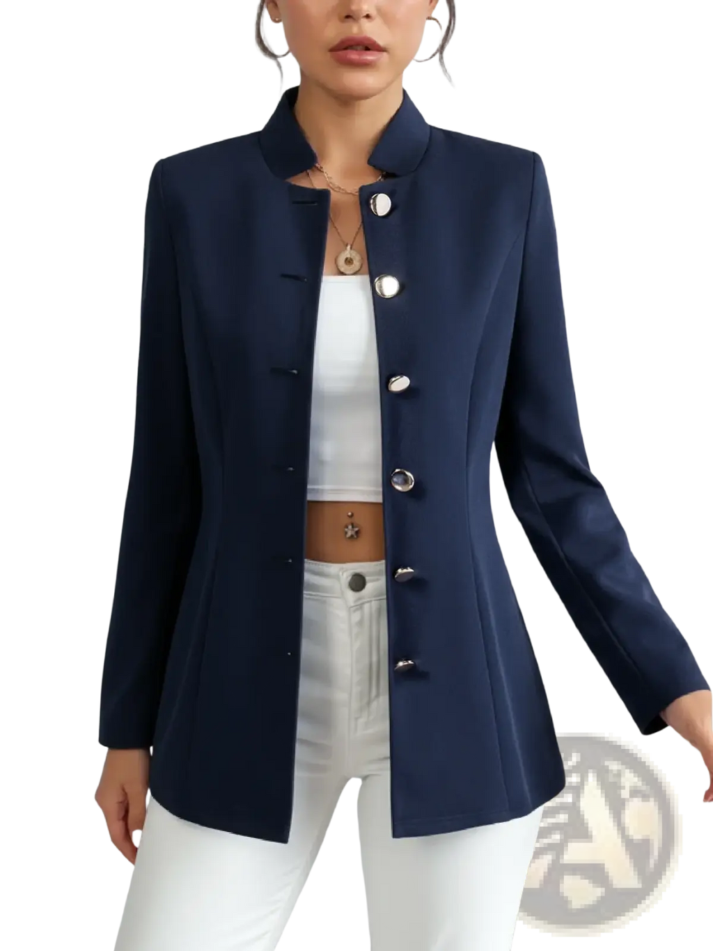Navy blue tailored blazer featuring a mandarin collar and silver-toned buttons for a polished look