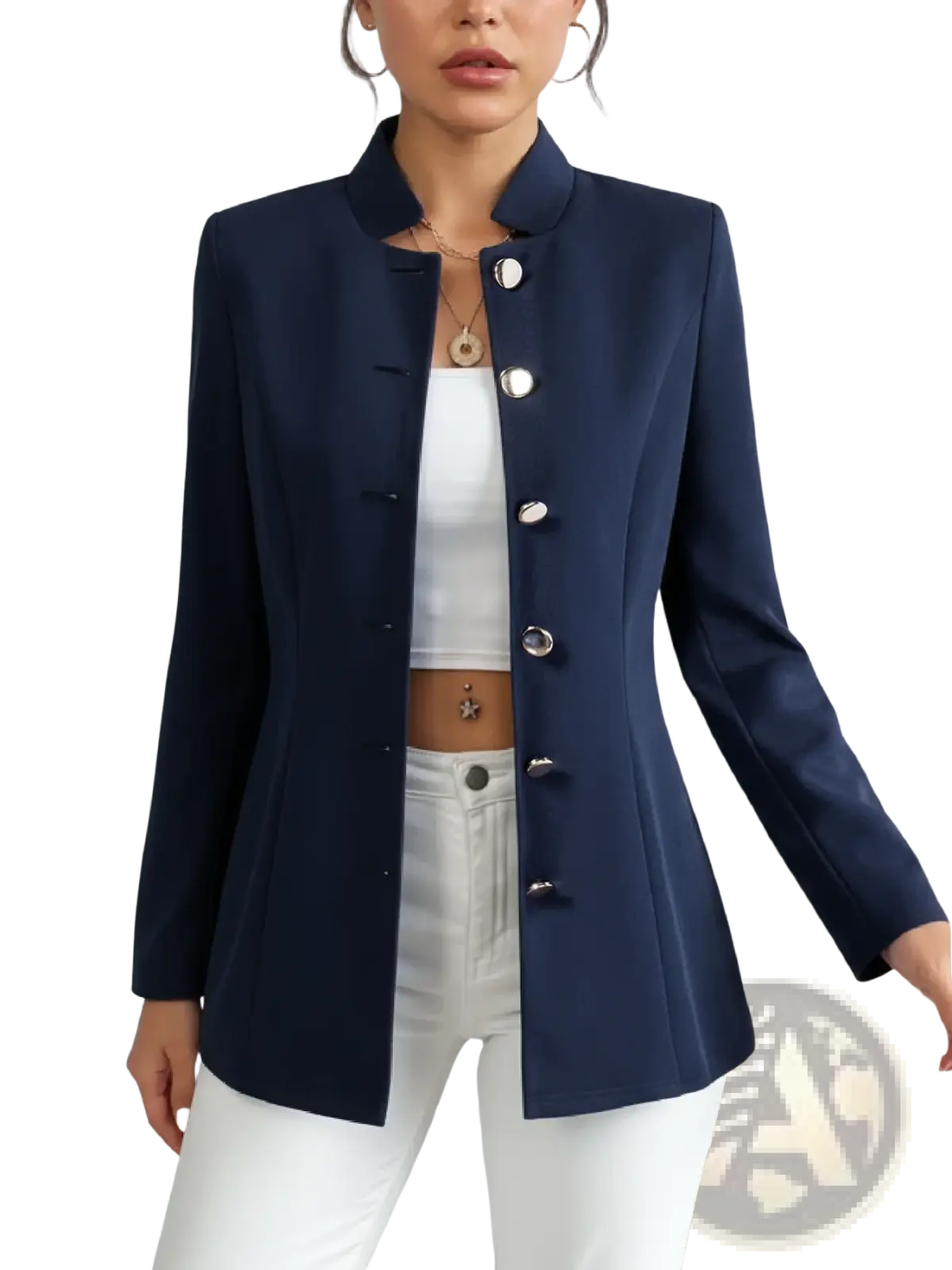 Navy blue tailored blazer featuring a mandarin collar and silver-toned buttons for a polished look