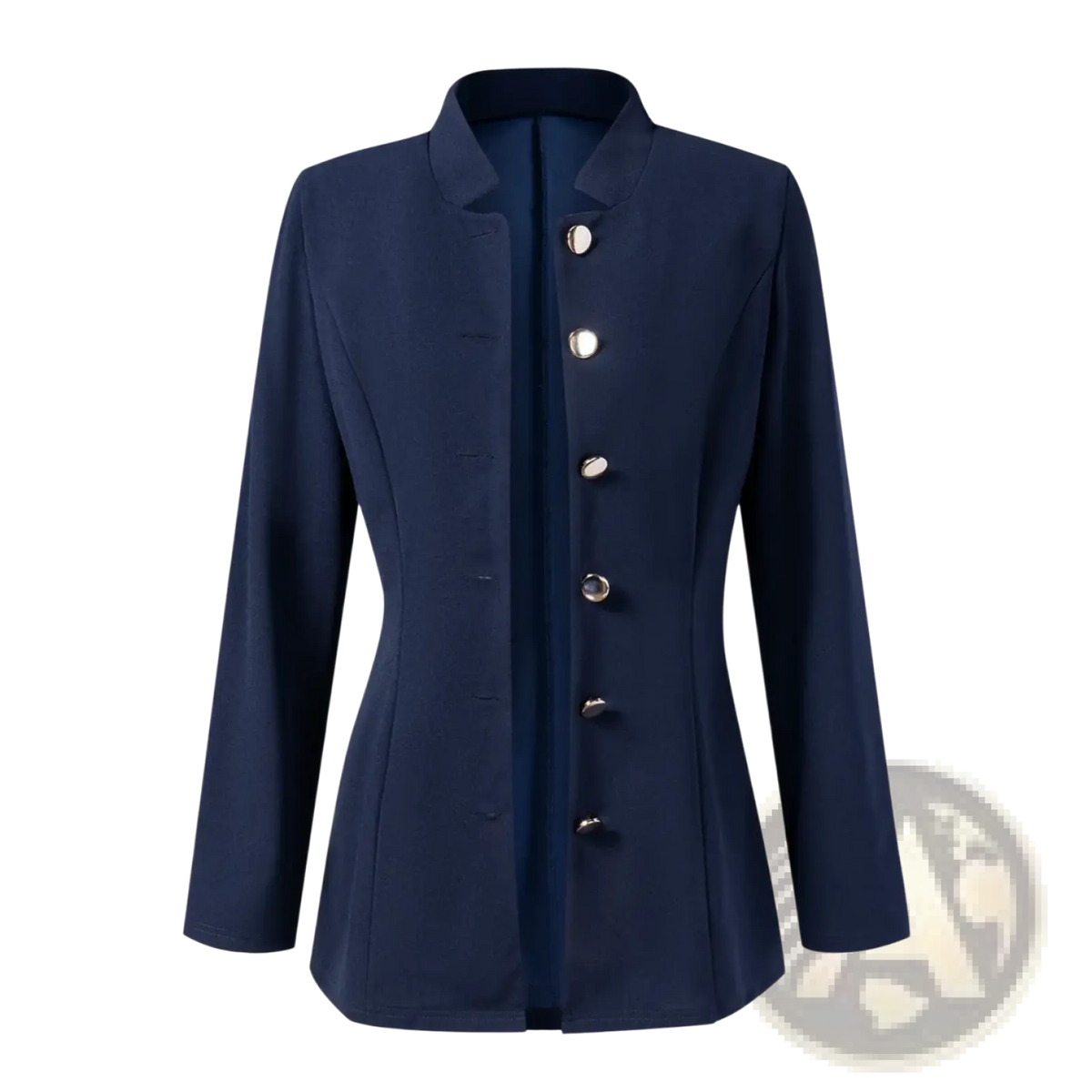 Navy blue tailored blazer with stand-up collar and five metallic buttons down the front