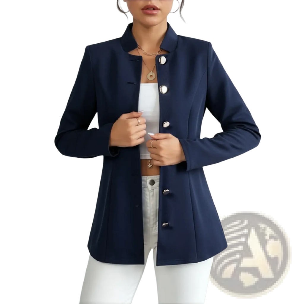 Navy blue tailored blazer with stand-up collar and silver-toned buttons for a sharp formal look