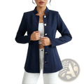 Navy blue tailored blazer with stand-up collar and silver-toned buttons for a sharp formal look