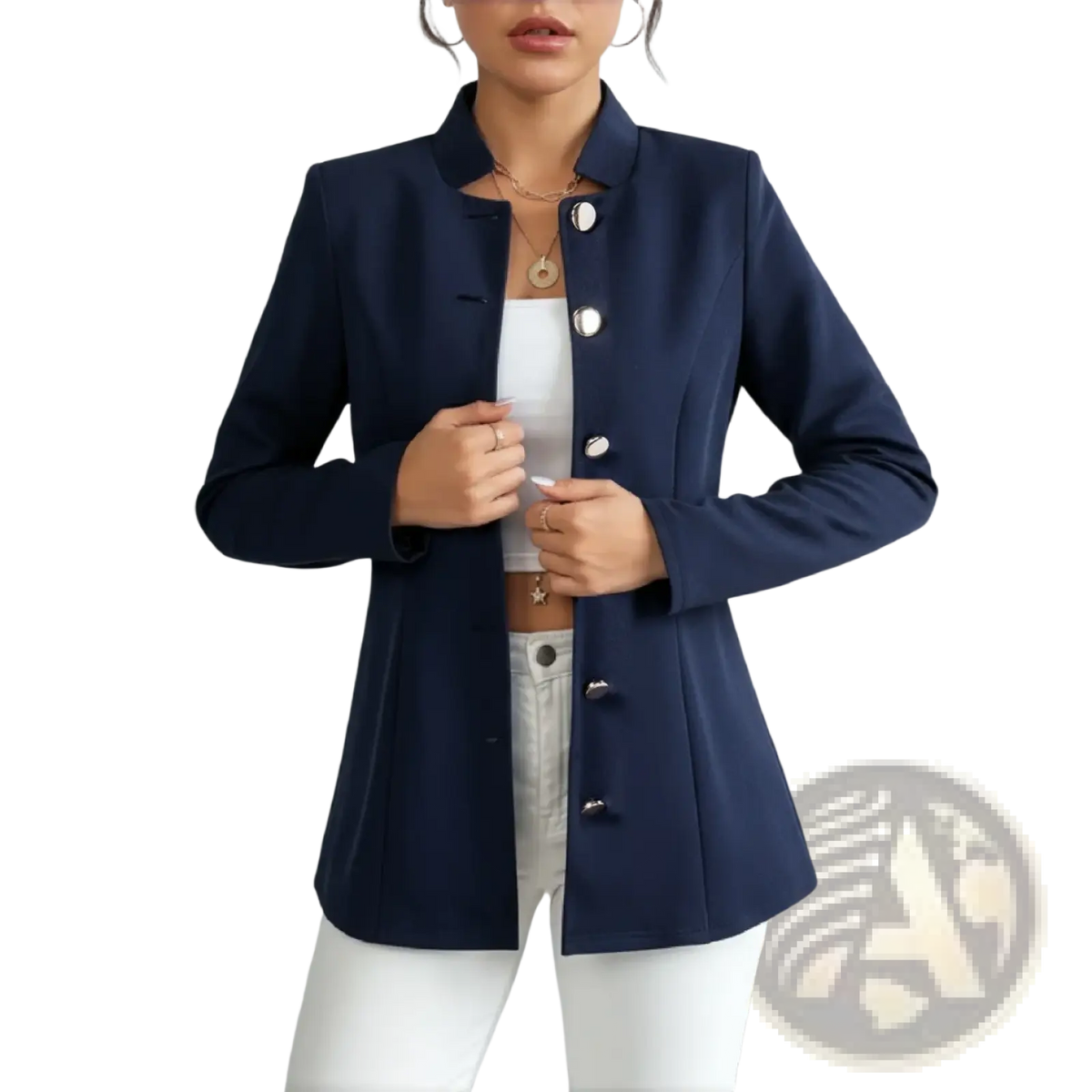 Navy blue tailored blazer with stand-up collar and silver-toned buttons for a sharp formal look