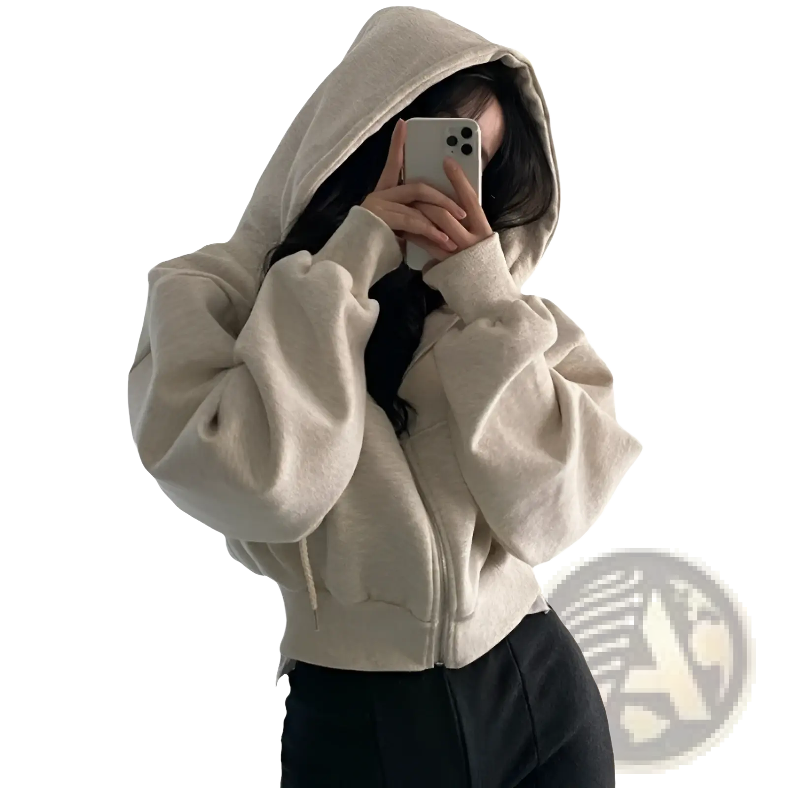 Beige cropped zip-up hoodie with puffy sleeves and hood paired with navy blue velvet padded slim fit sweater