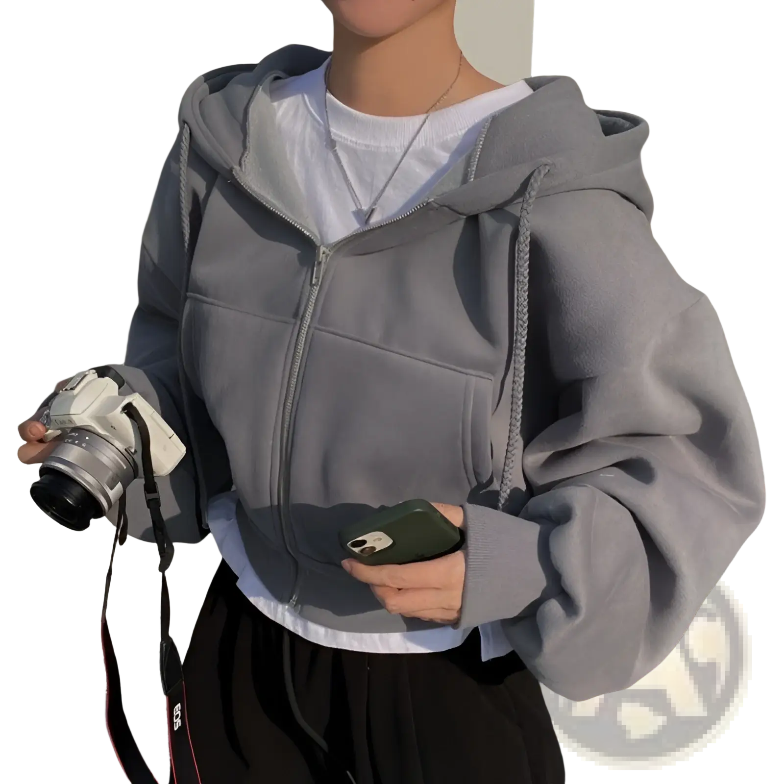 Gray zip-up hoodie with a soft textured fabric and drawstring hood paired with navy blue velvet padded slim fit sweater