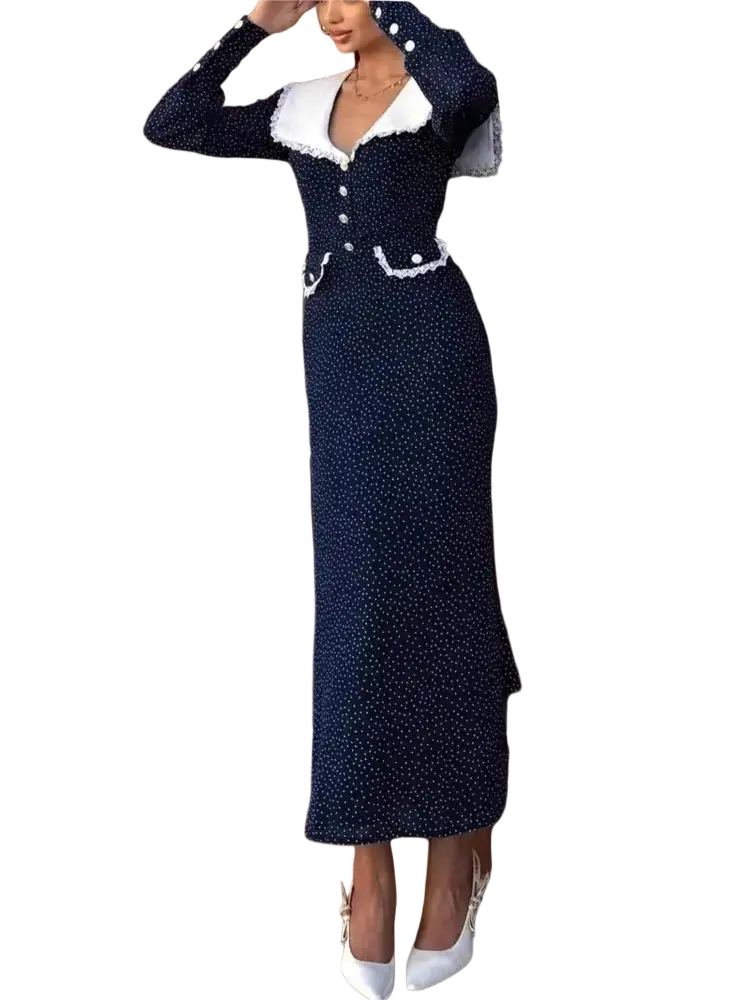 A navy blue velvet bodycon maxi dress with white polka dots lace trim and button detailing
