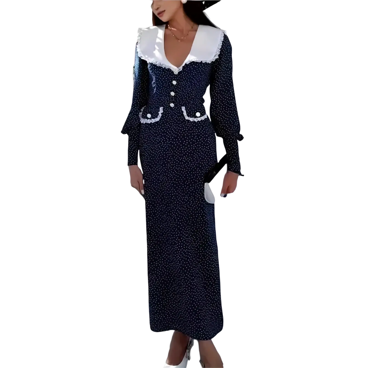 Navy blue velvet polka dot bodycon maxi dress with white lace trimmed collar and matching pocket details