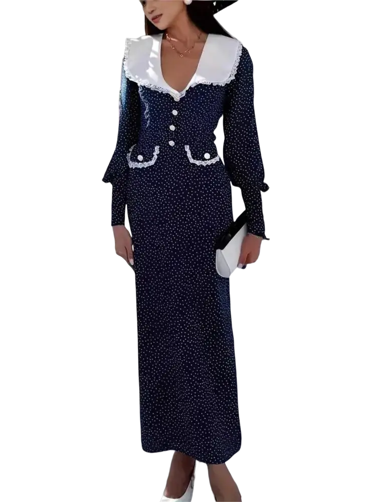 Navy blue velvet polka dot bodycon maxi dress with a white lace-trimmed collar and matching pocket details