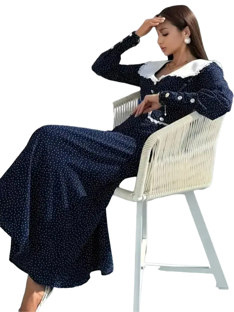 Navy blue velvet polka dot bodycon maxi dress with white collar and cuffs in a luxurious velvet fabric