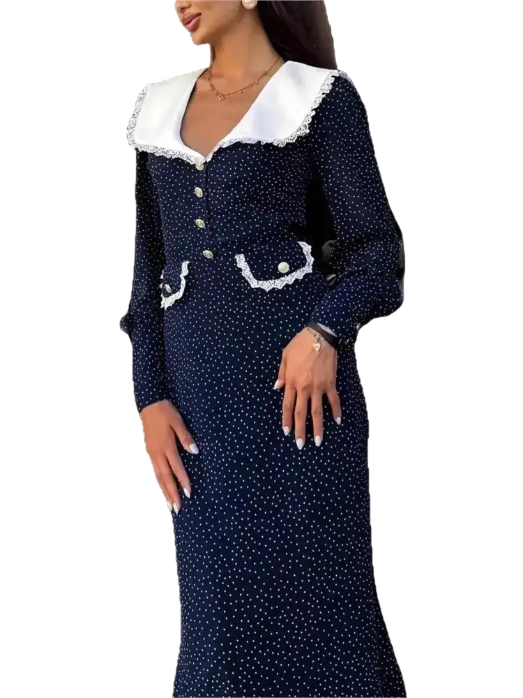 Navy blue velvet polka dot bodycon maxi dress with white lace collar and cuffs showcasing elegant details