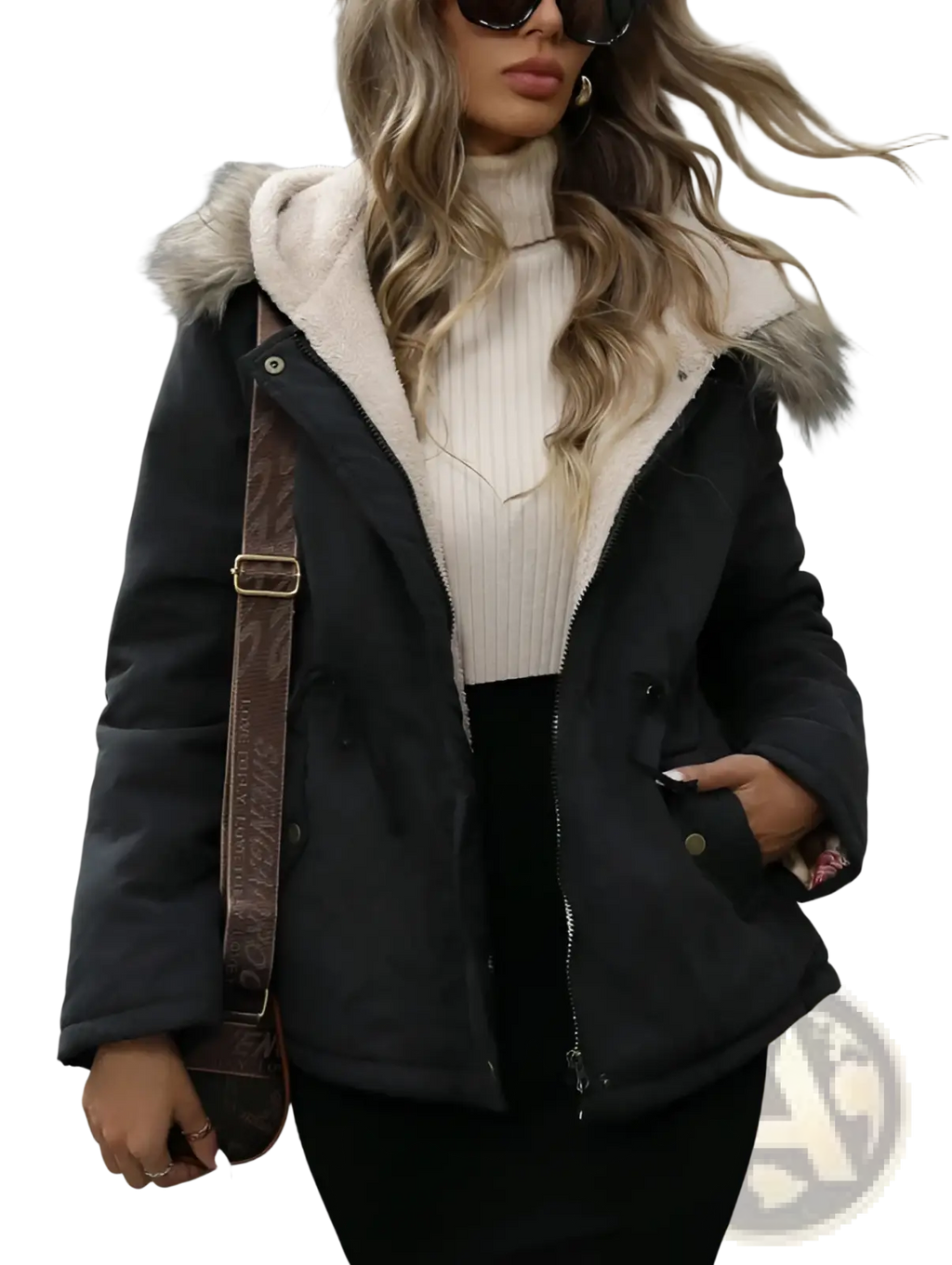 Black puffer jacket with plush white shearling-lined hood and faux fur trim featured in navy blue winter parka style