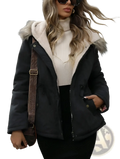 Black puffer jacket with plush white shearling-lined hood and faux fur trim featured in navy blue winter parka style