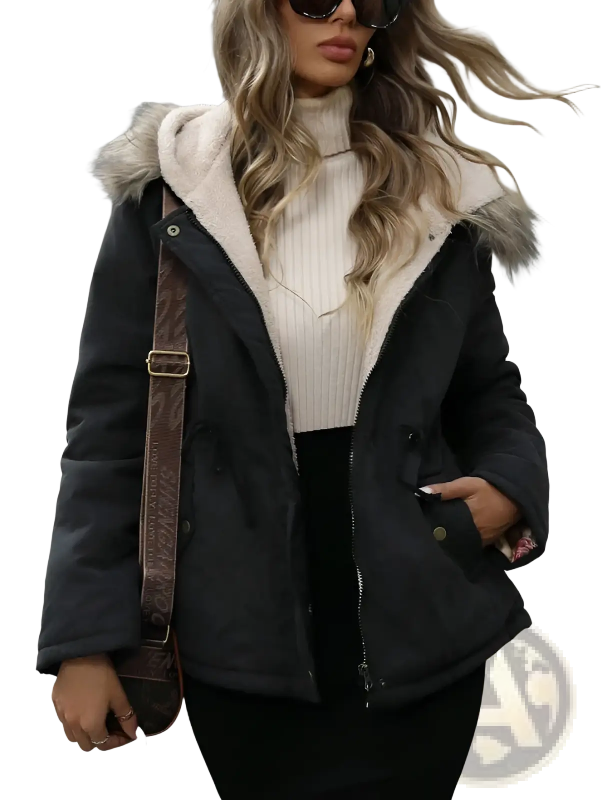Black puffer jacket with plush white shearling-lined hood and faux fur trim featured in navy blue winter parka style