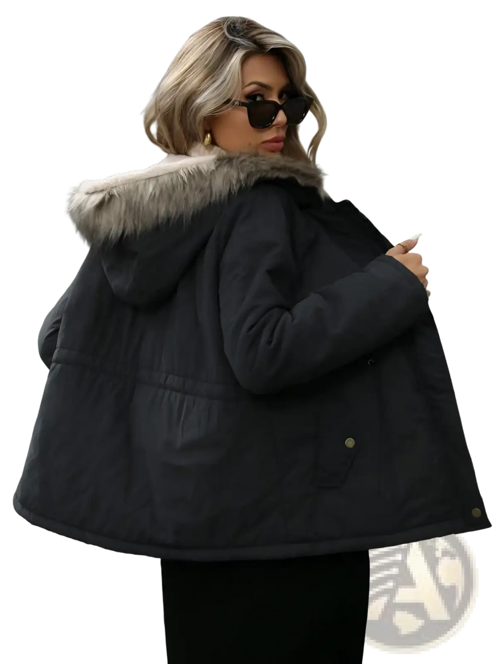 Black puffer coat with gray faux fur-lined hood designed as a navy blue winter parka for cold weather use