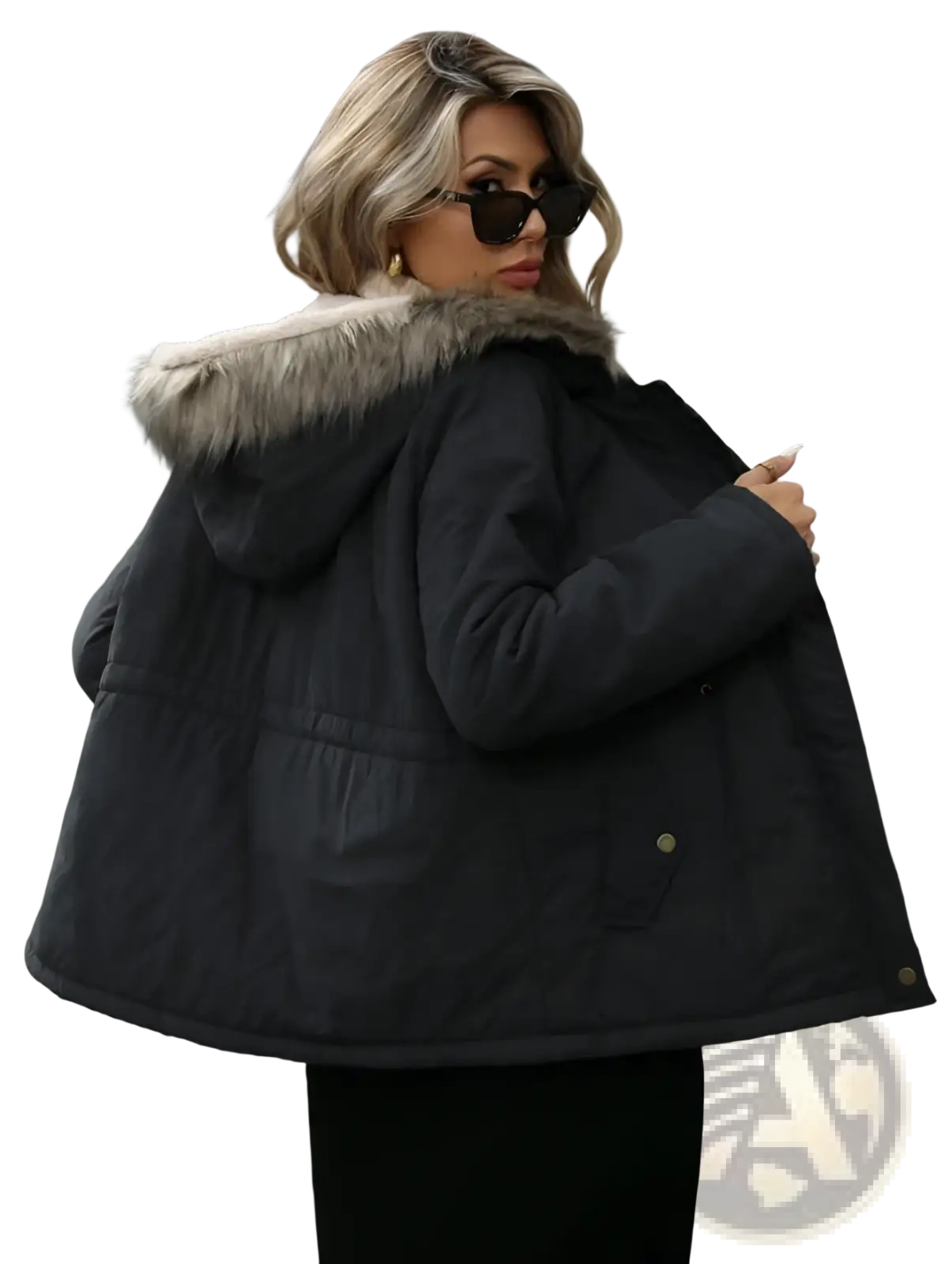 Black puffer coat with gray faux fur-lined hood designed as a navy blue winter parka for cold weather use