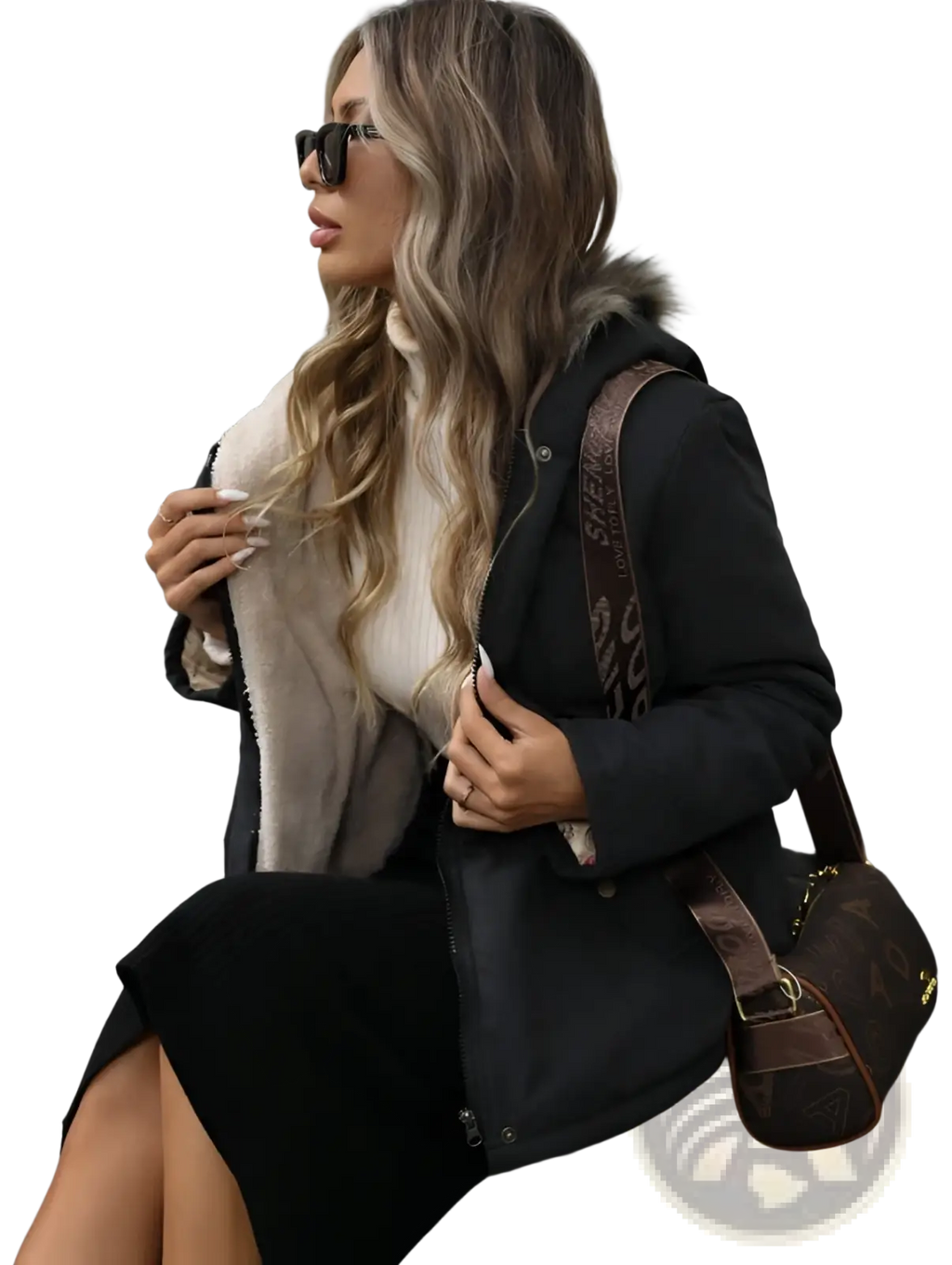 Brown monogram canvas handbag with leather trim and gold-tone hardware displayed with navy blue winter parka faux fur hood