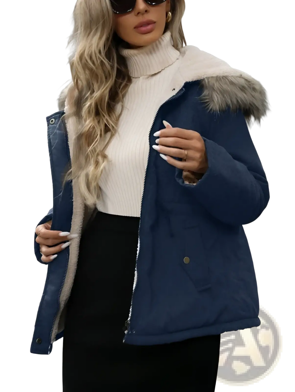 Navy blue winter parka with faux fur-lined hood and beige shearling interior designed for cold weather protection