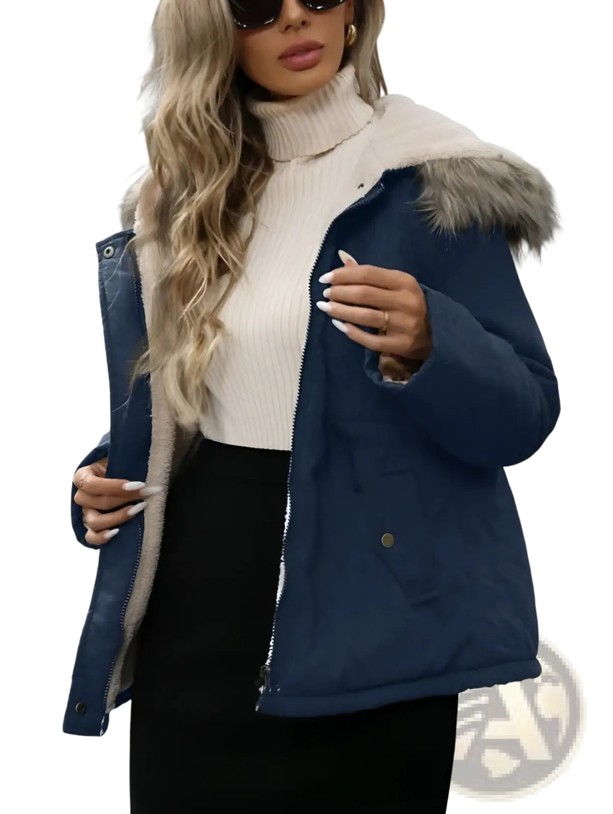 Navy blue winter parka with faux fur-lined hood and beige shearling interior designed for cold weather protection