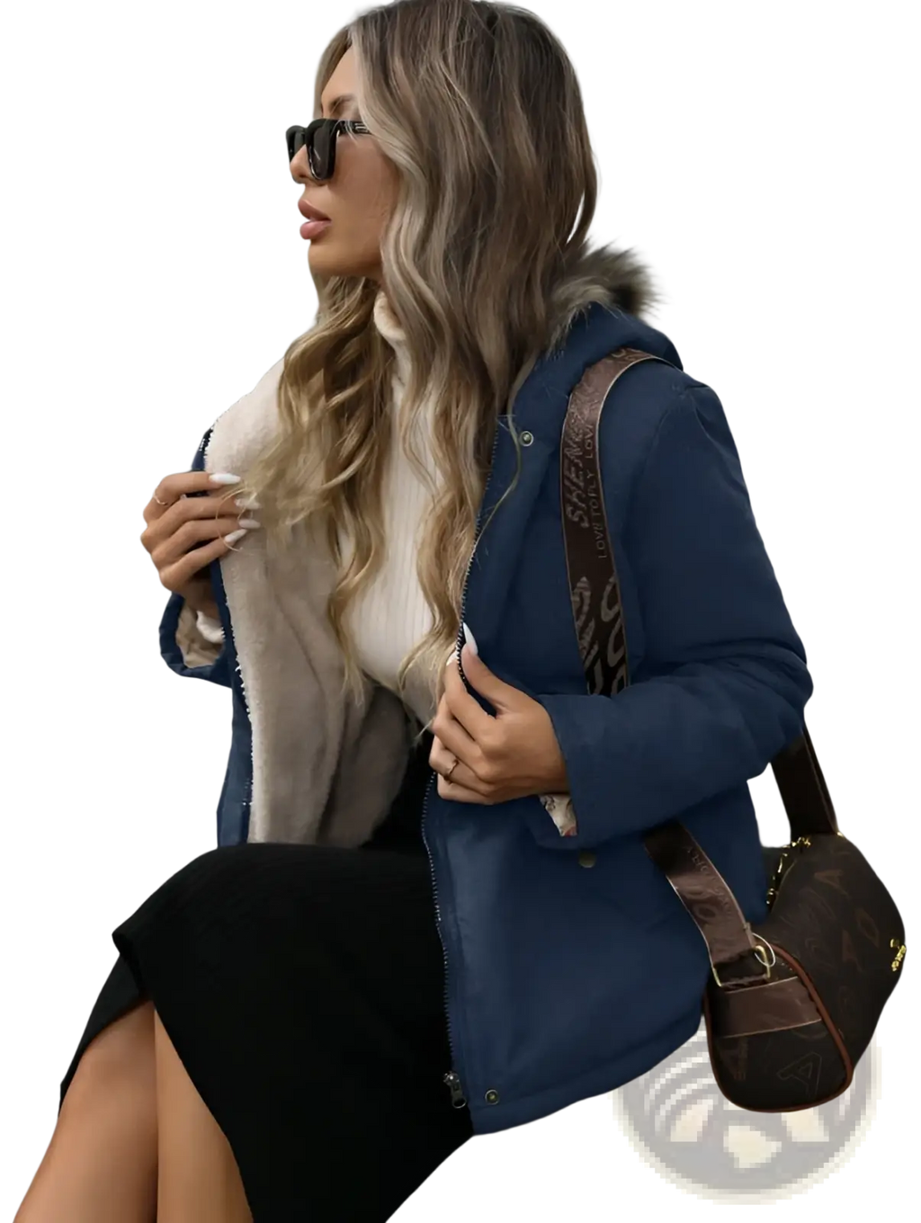 Navy blue winter parka with quilted design, faux fur-lined hood, and brown monogram shoulder strap