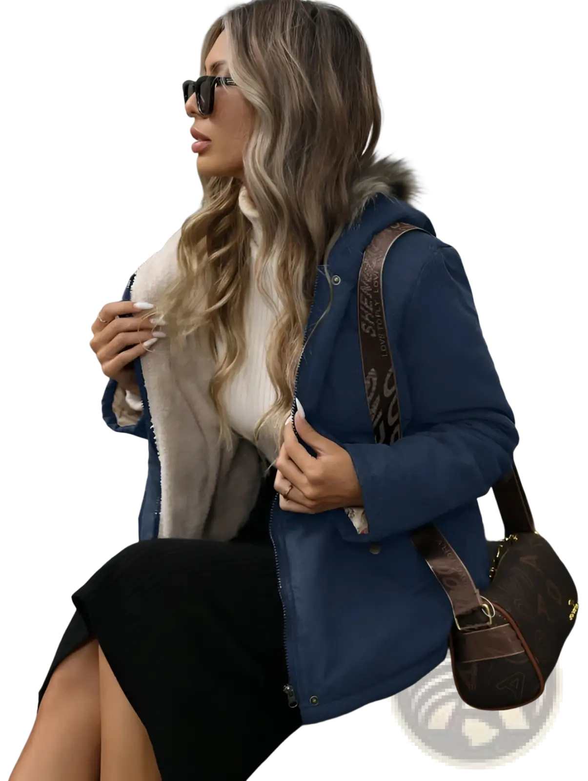 Navy blue winter parka with quilted design, faux fur-lined hood, and brown monogram shoulder strap