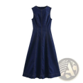 Navy crew neck sleeveless denim a-line dress with fitted bodice and flared skirt in navy blue color