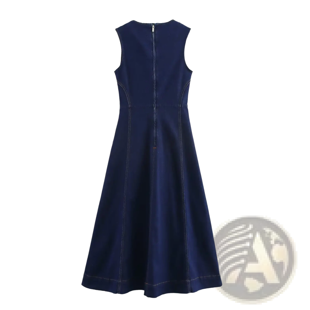 Back view of a navy crew neck sleeveless denim a-line dress with a fitted back and subtle stitching details