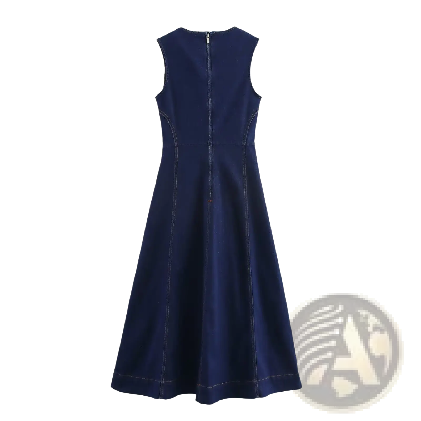 Back view of a navy crew neck sleeveless denim a-line dress with a fitted back and subtle stitching details