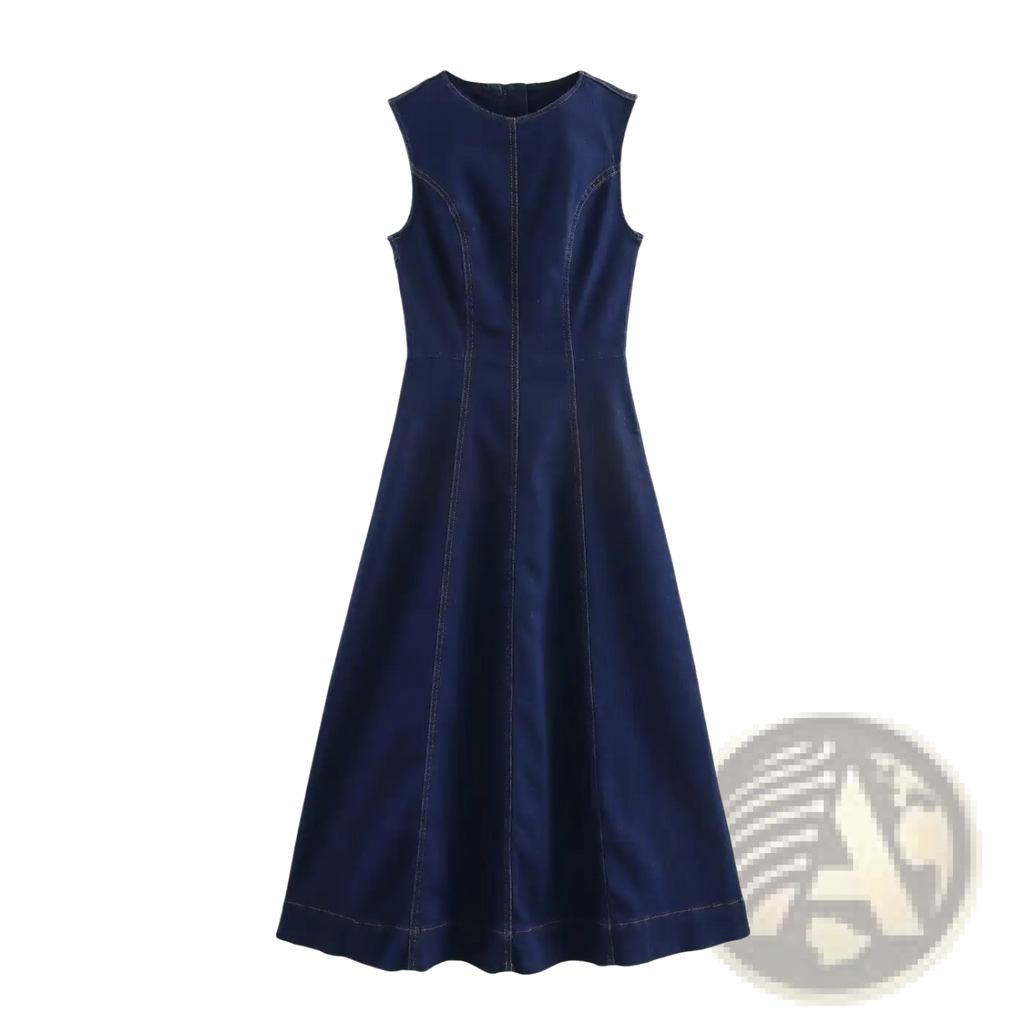 Navy crew neck sleeveless denim a-line dress with fitted bodice and flared skirt in navy blue cotton material