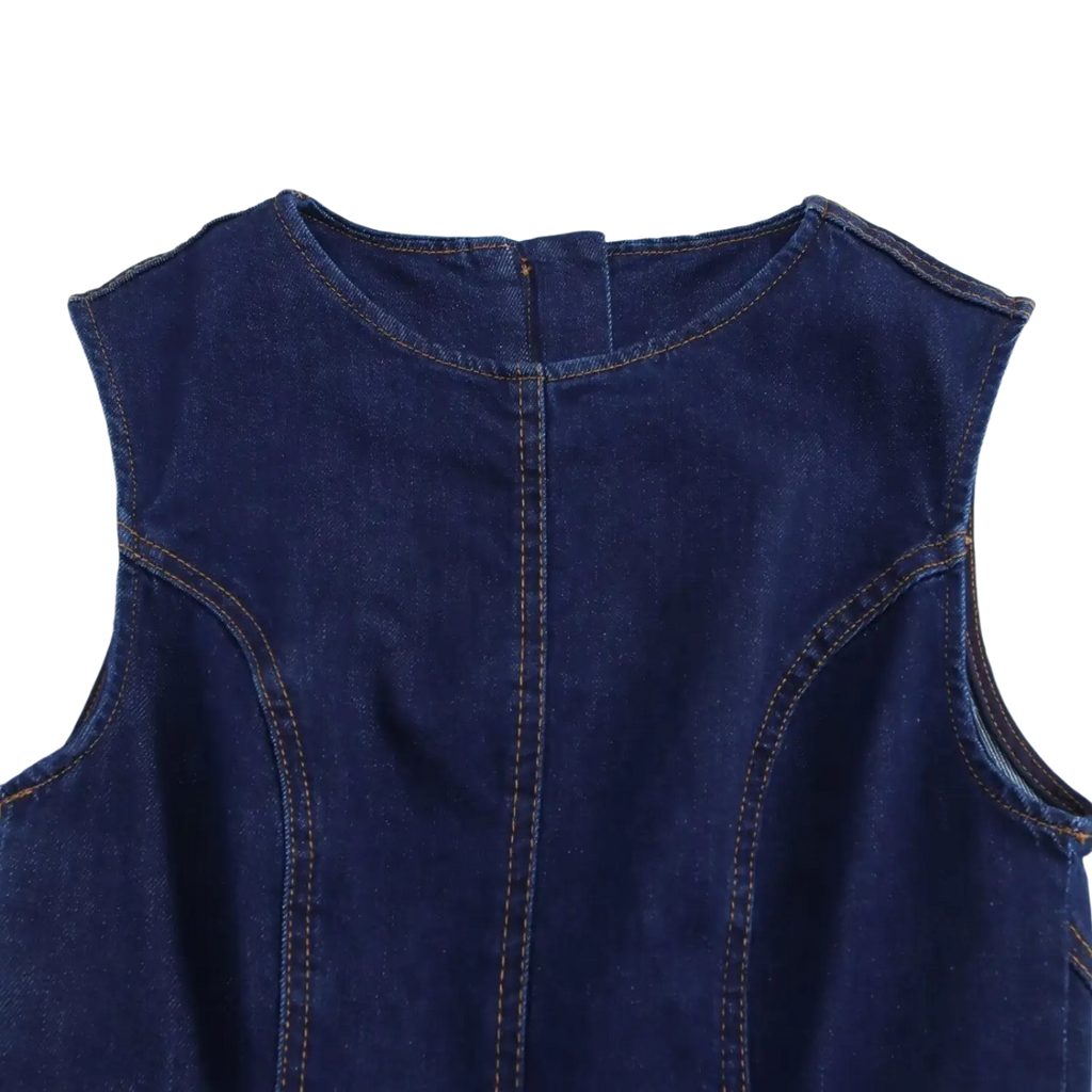 Navy crew neck sleeveless denim a-line dress with dark blue fabric and visible stitching along seams and neckline