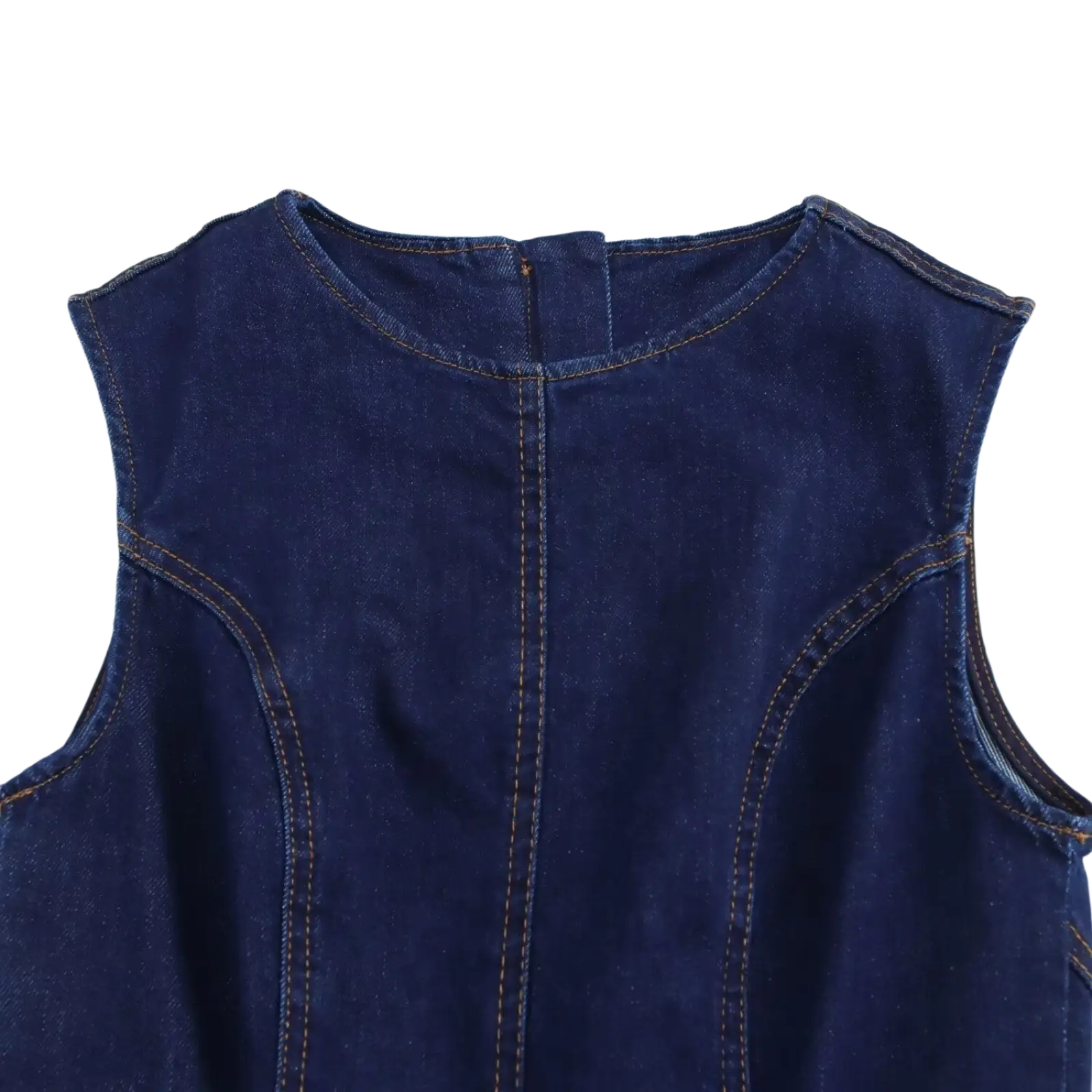 Navy crew neck sleeveless denim a-line dress with dark blue fabric and visible stitching along seams and neckline