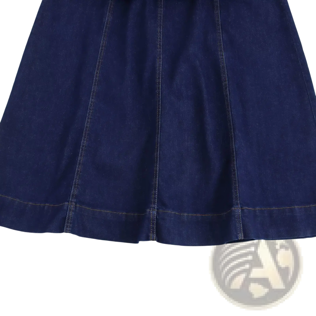 Navy crew neck sleeveless denim a-line dress with a dark blue denim skirt featuring visible stitching along seams and hem