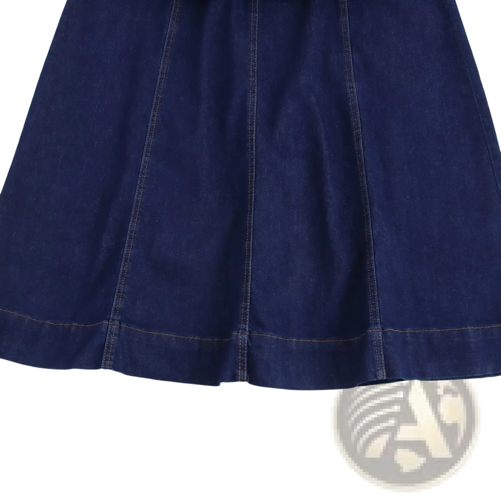Navy crew neck sleeveless denim a-line dress with a dark blue denim skirt featuring visible stitching along seams and hem