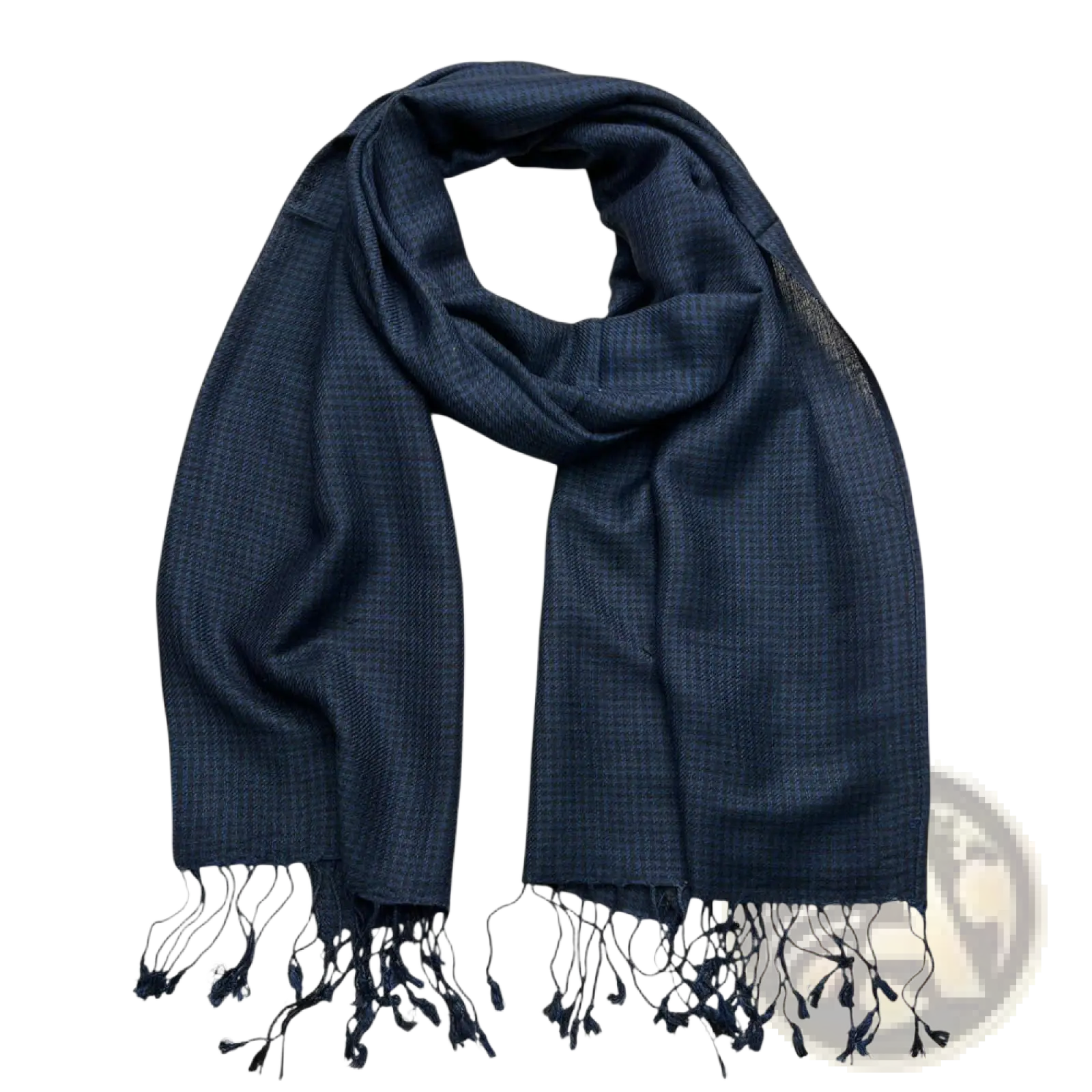 A navy jacquard herringbone scarf woven in navy blue with delicate black tassels at the ends