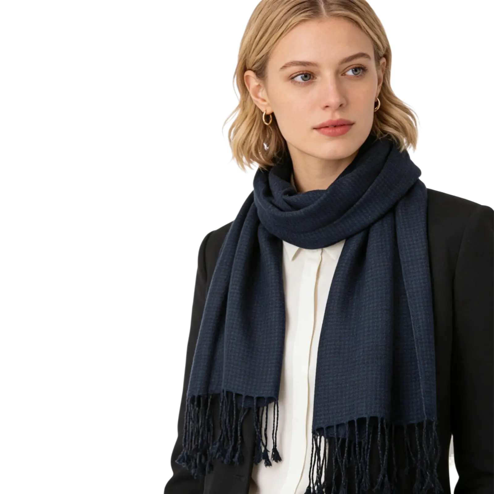 Navy jacquard herringbone scarf in textured fabric with fringe detailing for stylish cold weather wear