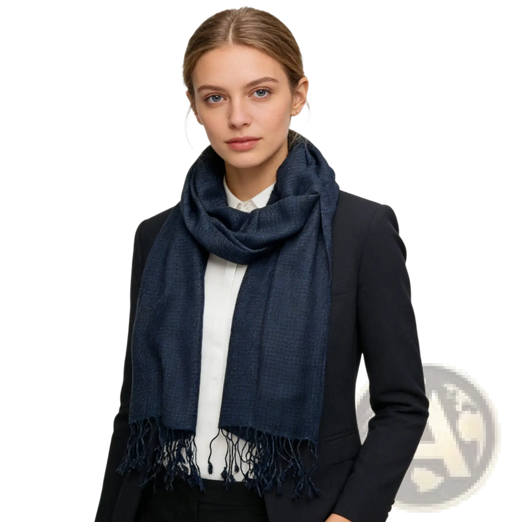 A navy jacquard herringbone scarf with textured fabric and fringed edges worn around the neck