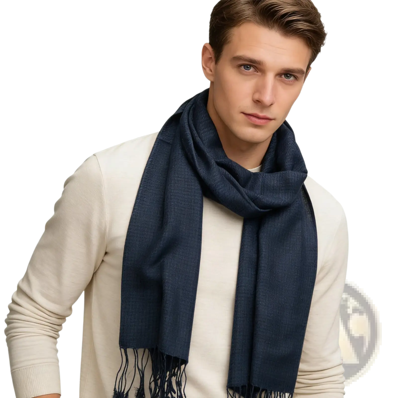 Navy jacquard herringbone scarf in a navy blue wool blend with subtle textured weave and fringed edges