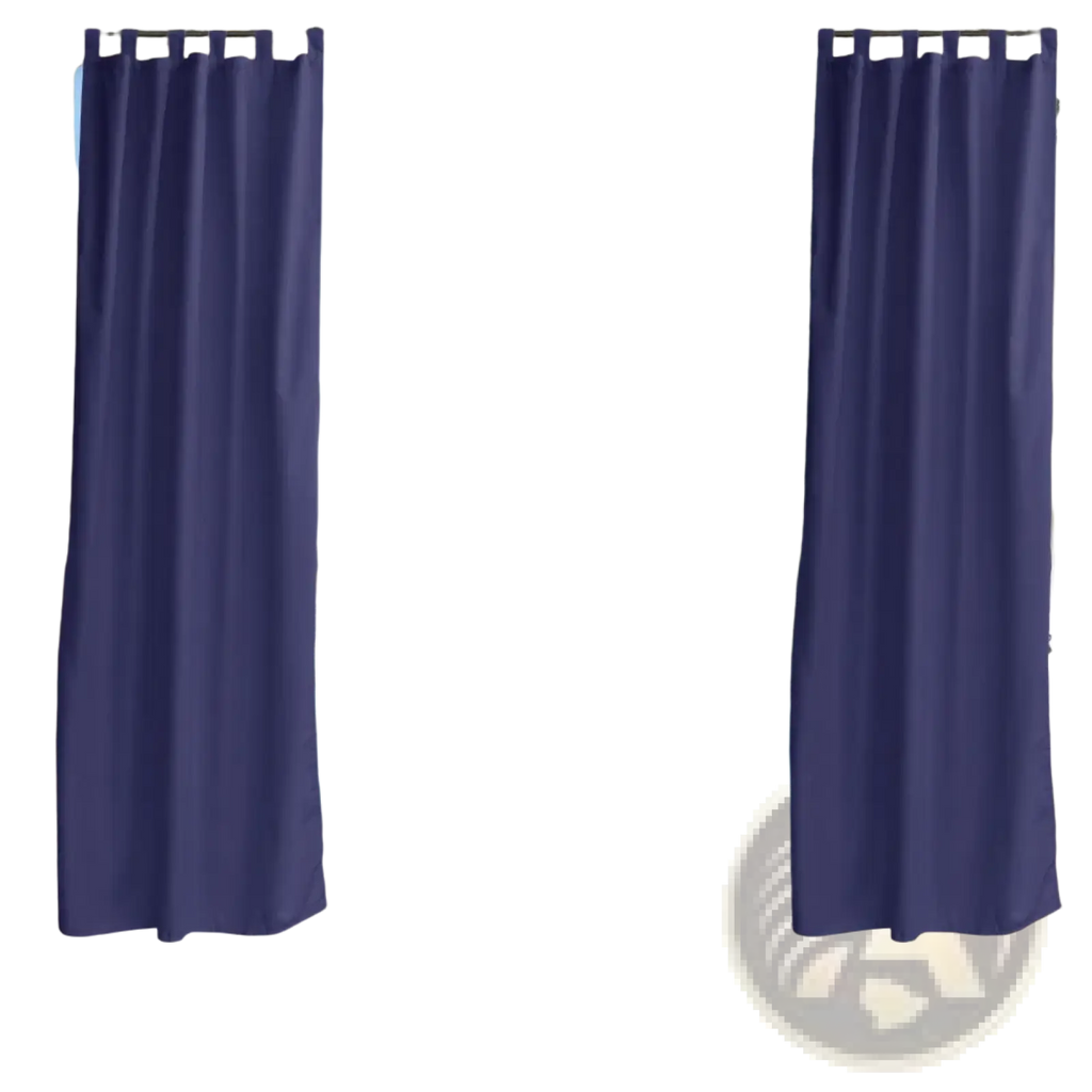 Navy outdoor curtains waterproof tab top with reinforced grommets hanging from stone archway framing poolside view